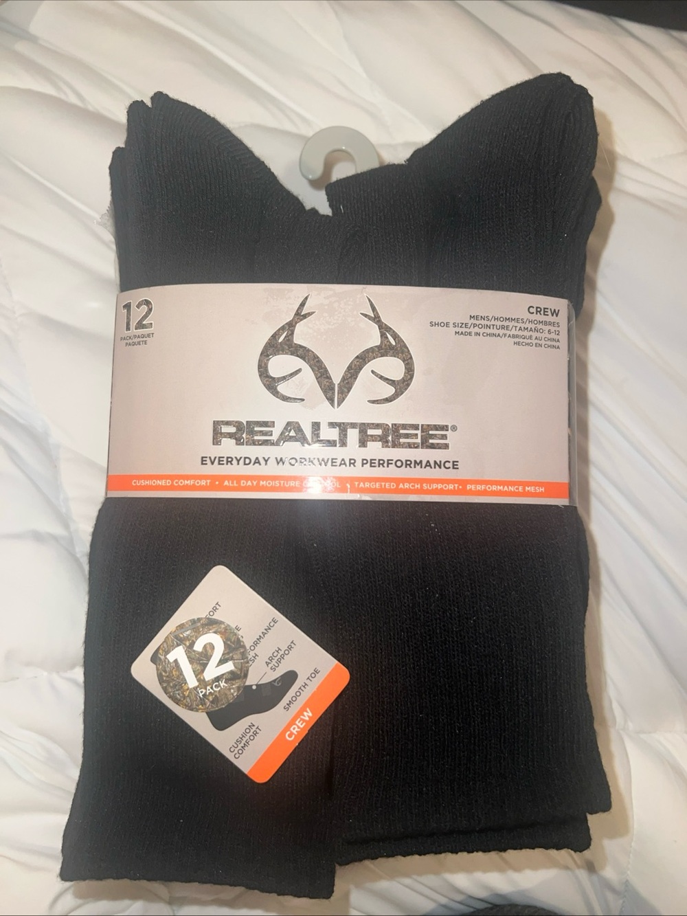 Realtree Black Crew Socks 12-Pack - Mens Performance Crew 6-12